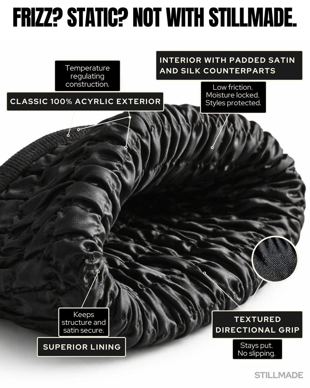 StillMade Padded Silk-Satin Lined Black Cuffed Style Beanie