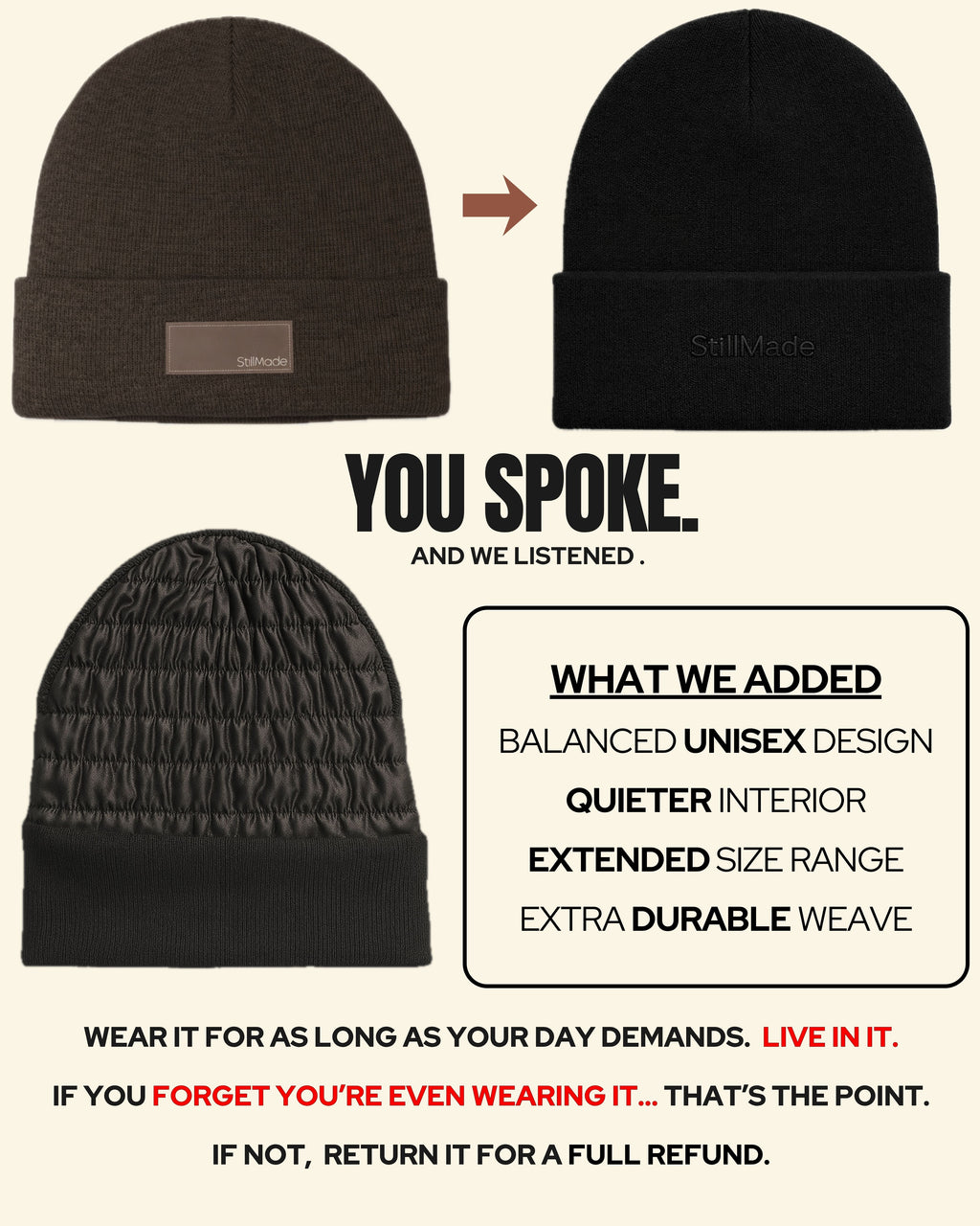 StillMade Padded Silk-Satin Lined Black Cuffed Style Beanie