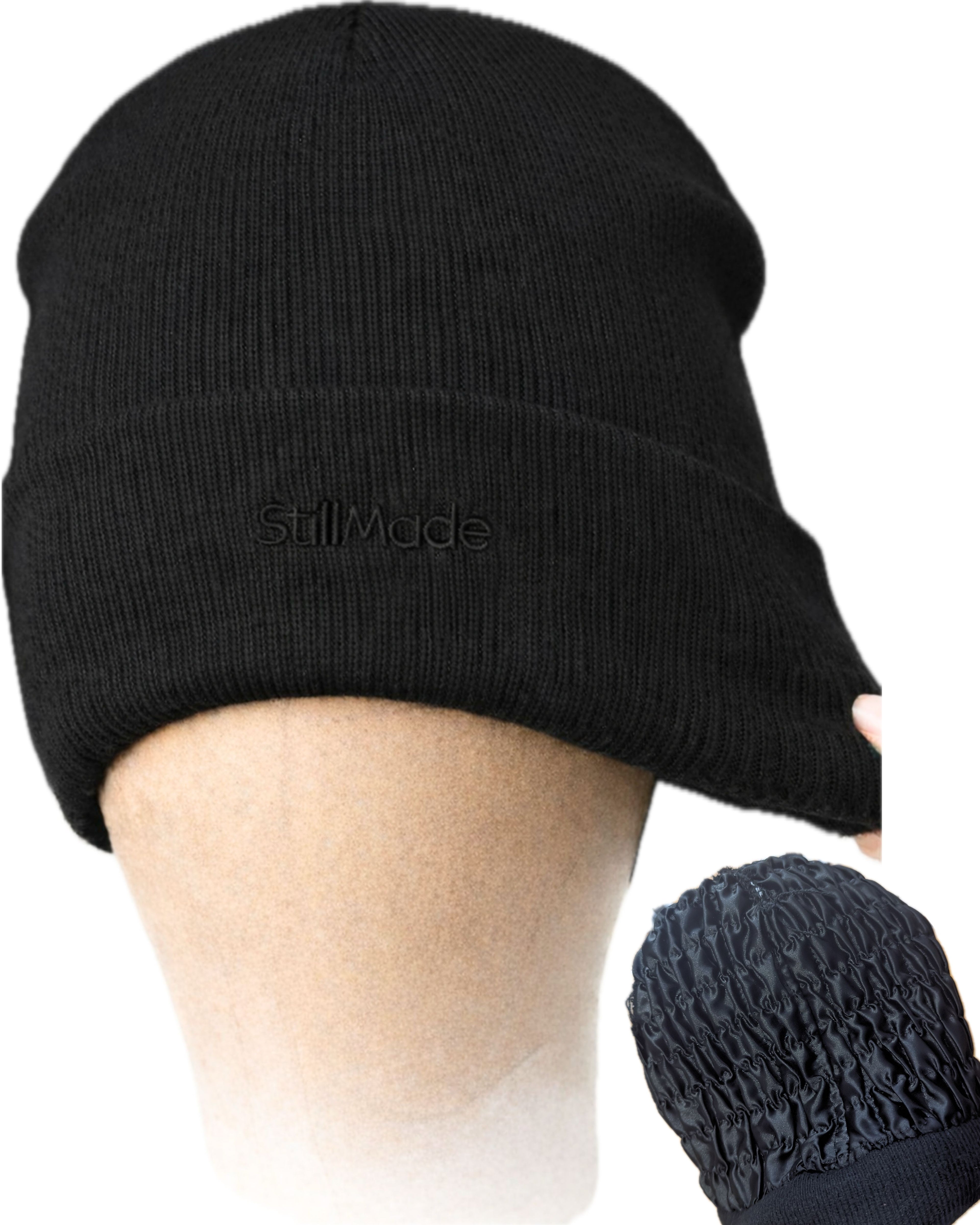 StillMade Padded Silk-Satin Lined Black Cuffed Style Beanie